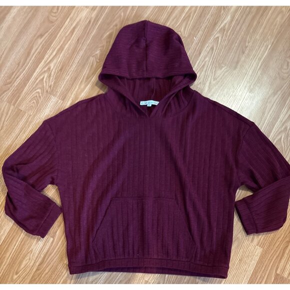 Cleo Cropped Hoodie Petites Burgundy Ribbed XL Polyester Spandex Kangaroo Pocket - Picture 2 of 6